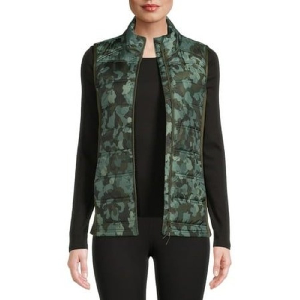 Avia Quilted Zip-Front Vest Womens S Green Camo Floral Sleeveless